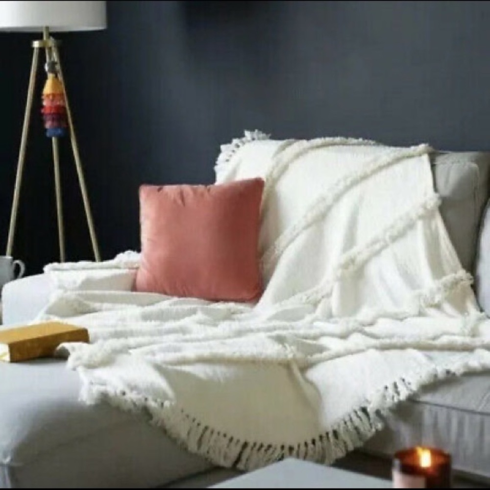 NEW- Uncommon James Cream Fringe Throw Blanket